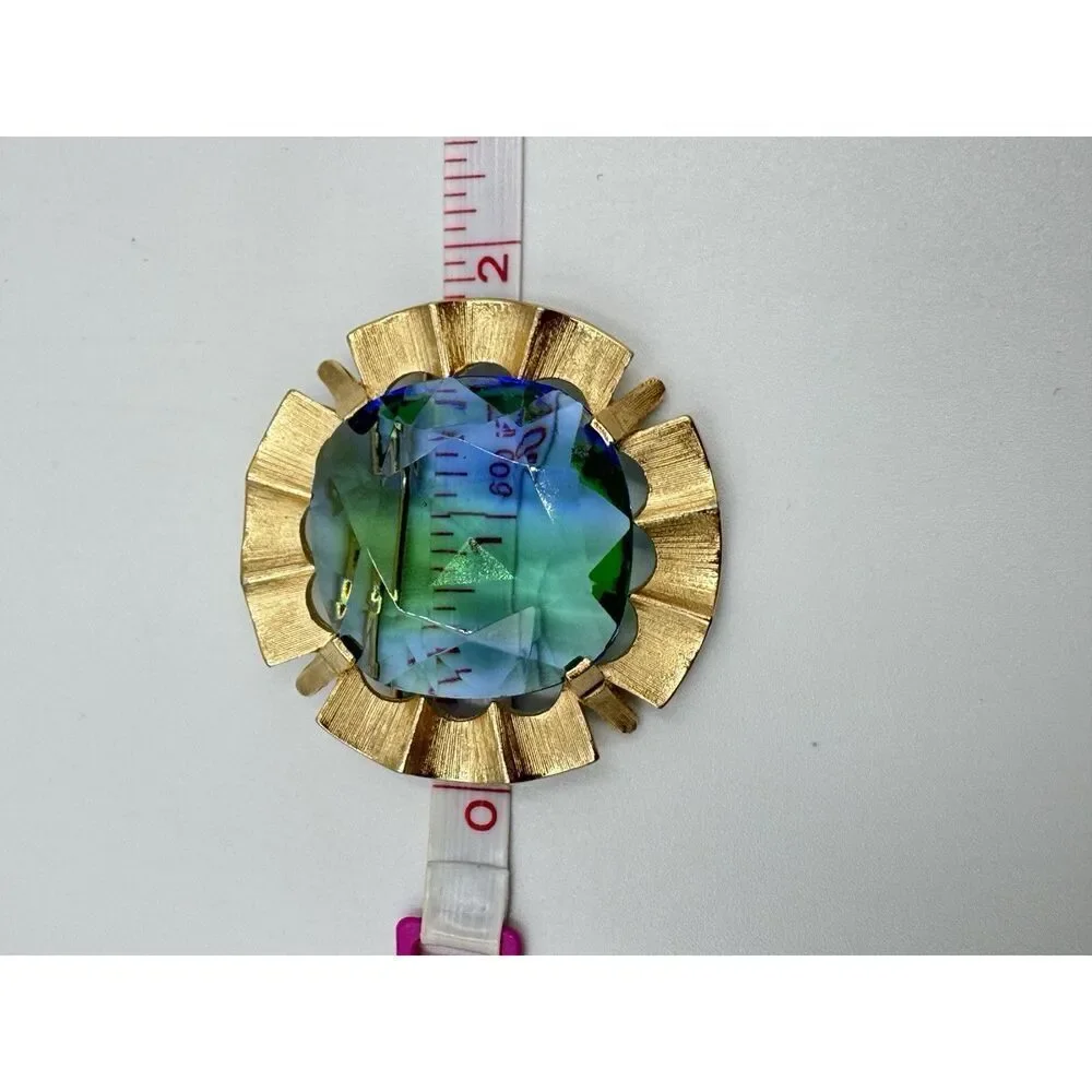 Vintage‎ Large Gold ToBlue Green Faceted Glass Rhineston Brooch Signed STAR